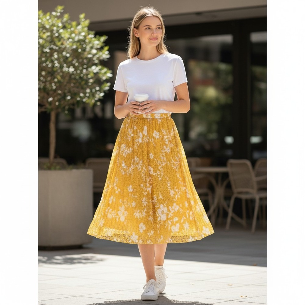 See By Chloe Yellow Floral‎ Lace Pleated Midi Skirt CHS19SJJ01090 Small